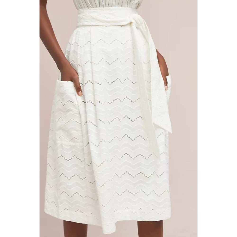 Tracy Reese x Anthropologie A-line Skirt Women 14 White Eyelet Tie Waist Midi - Picture 3 of 16